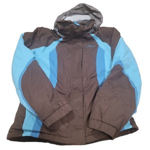 Spyder Women's Blue Dark Brown Hooded Full Zip Winter Ski Snowboard Jacket Sz 14